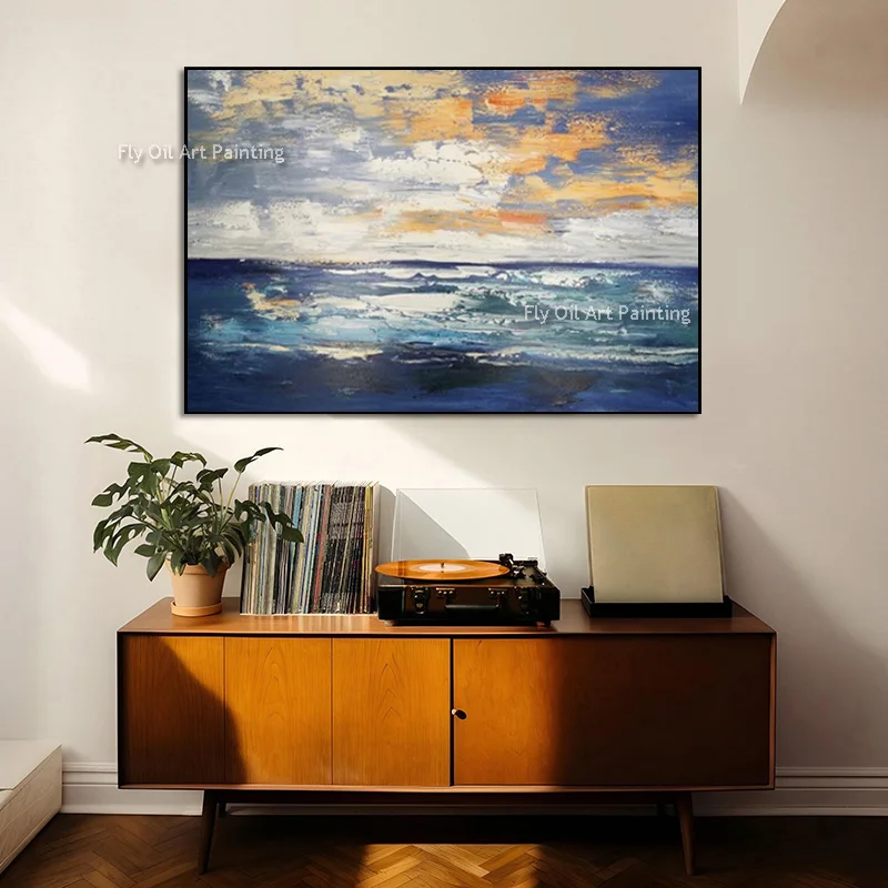 Abstract Coastal Landscape Hand Painted Oil Painting, Heavy Texture Sunset Clouds & Rolling Sea Waves Canvas Wall Decor Art