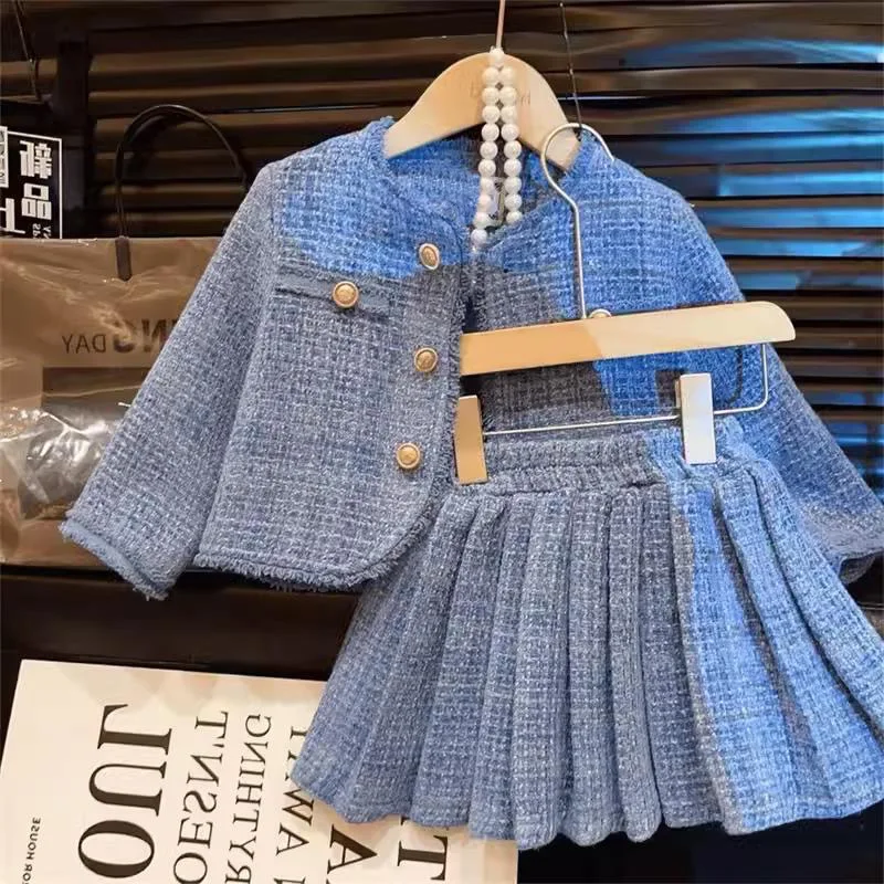 Spring Autumn 1-8Y Girls 2PCS Clothes Set Exquisite Button Round Collar Kid Girl Overcoat Cotton Girls Pleated Skirt Elegant Sui