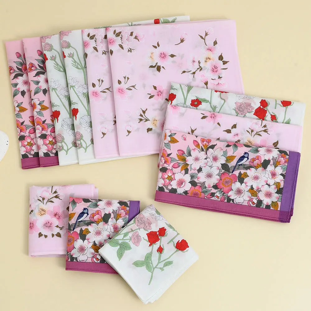 4pcs 43cm Korean‑Japanese Style Pure Cotton Women Handkerchief, Fresh Floral Print Soft Square Pocket Towel for Daily Carry