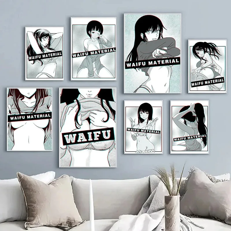 Sexy Girl Waifu Material Anime Poster Canvas Painting Abstract Manga Cartoon Wall Art Picture for Living Room Home Decoration