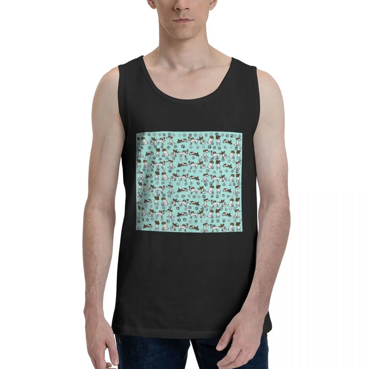 Jack Russell Terrier Cartoon With Light Blue Background 100% Cotton Men's Sweatshirt Vest Sleeveless Tees Men Tank Tops T-shirt