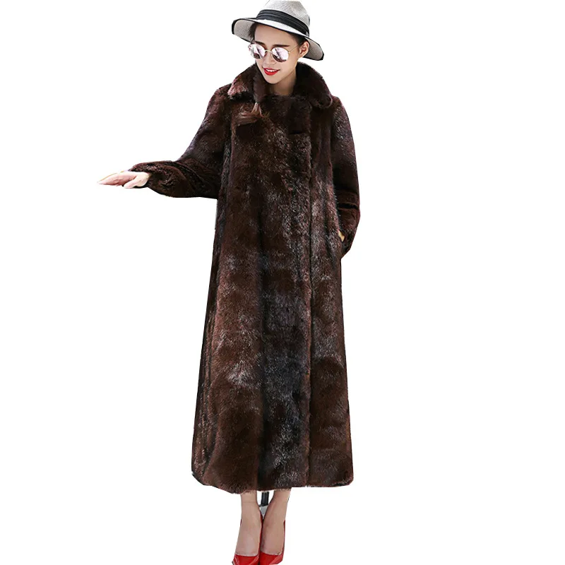 Luxury Vintage Winter Long Faux Fur Coat Lapel Women's Fur Coats Warm Mink Coats New Eco-fur Long Trench Coat Design Outerwear