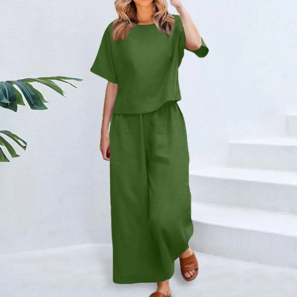 Women Cotton Linen Suit Fashion Comfortable Short Sleeve And Long Pants Solid Color Casual Loose oversized Summer Sets Dress Top