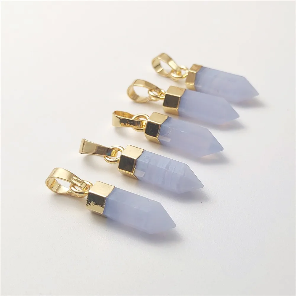 FUWO Wholesale Natural Blue Lace Agates Point Pendant,Golden Plated Spike Shape Crystal Accessories For Jewelry Making PD121 5Pc