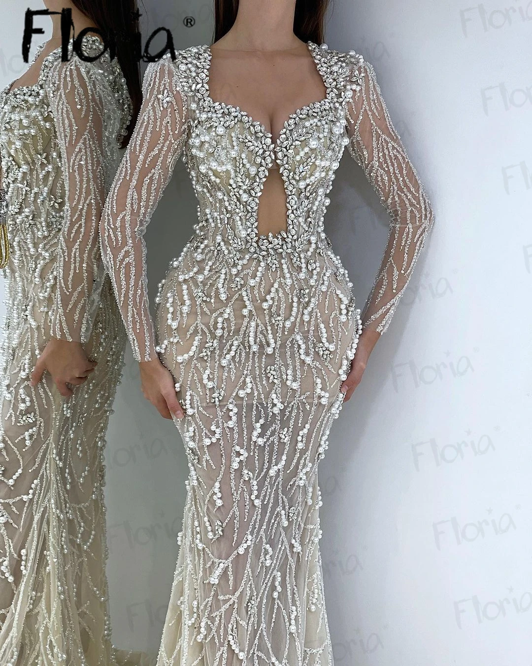 Middle East Ivory Pearls Long Sleeve Evening Dress Glitter Sequins Beaded Wedding Party Gowns Mermaid Formal Prom Dresses Custom