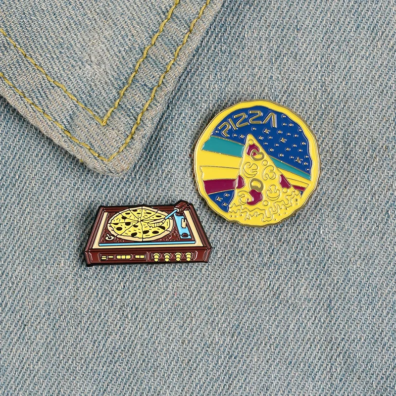 Cute Pizza Meteor Enamel Pins Retro Music Player Phonograph Brooch Custom Metal Badges Backpack Creative Lapel Pin Jewelry Gifts