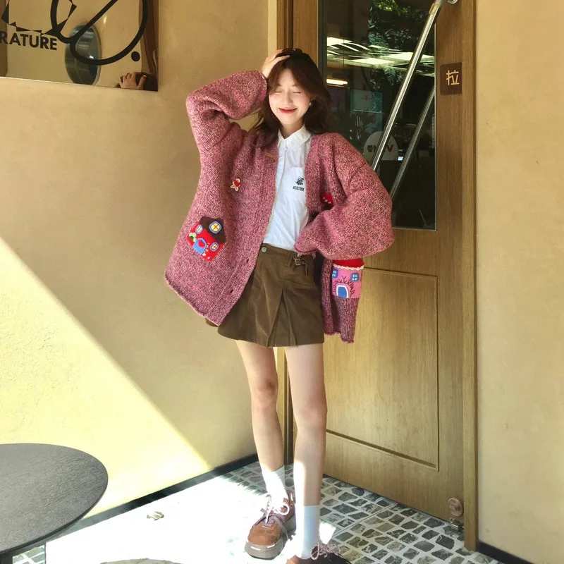 CHUJIE 025 الخريف جديد الأزهار الغزل الكروشيه منزل طويل الأكمام الخامس الرقبة فضفاضة تنوعا محبوك سترة سترة