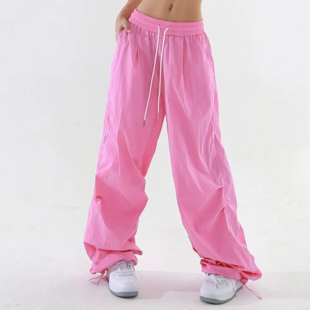 

Women Sport Pants Elastic Waist Adjustable Drawstring Long Pants Solid Color Wide Leg Leisure Travel Cargo Trousers 여자 스포츠 롱 팬츠