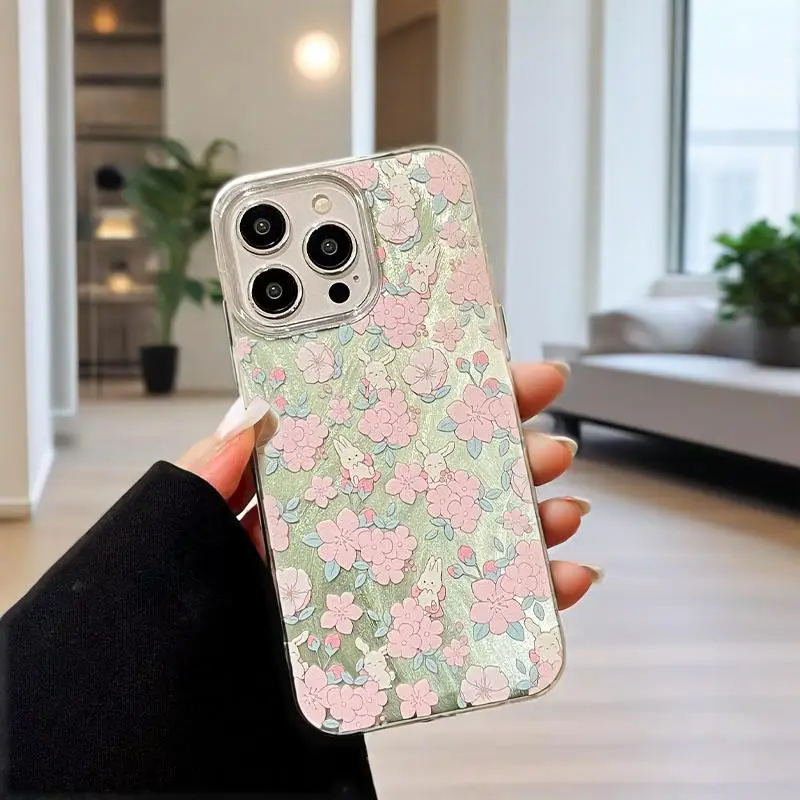 

Phone Case For iPhone 16E 12 13 14 15 16 Pro Max INS Flower Pink Rose Print X XS XR 7 8 15 16 14 Plus Feather IMD Cases Cover