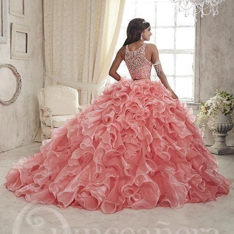 Luxo frisado duas peças coral quinceanera vestidos organza camadas saias babados jewel neck feito sob encomenda doce 16 vestidos de festa