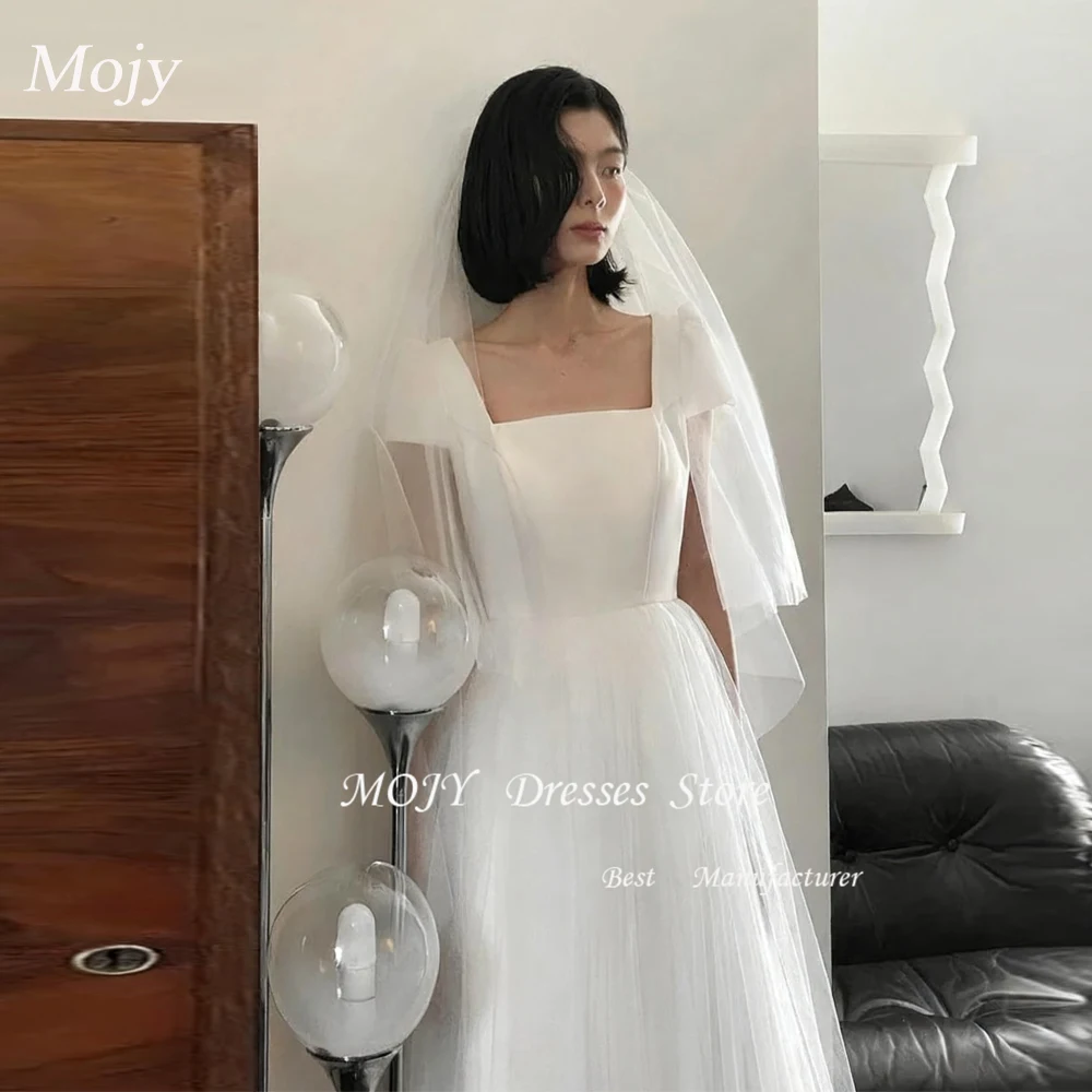 

Mojy Korean Wedding Dresses Square Collar Short Sleeves Bridal Gown A-Line Floor-Length Bridal Gown Customized Evening Dresses