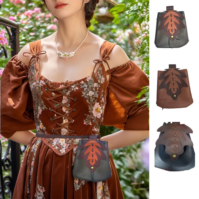 

New Medieval-Style Vintage Leather Faux Leaf-Patterned Waist Pouch Slim Belt Coin Purse Party Props