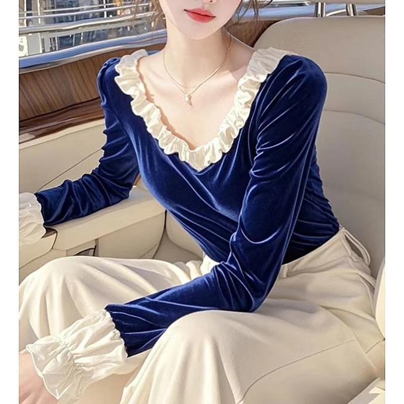 

Blue Gold Velvet Top for Women Spring Autumn Long Sleeve Contrast Patchwork Korean Bottoming Shirt Fashion Temperament Clothing