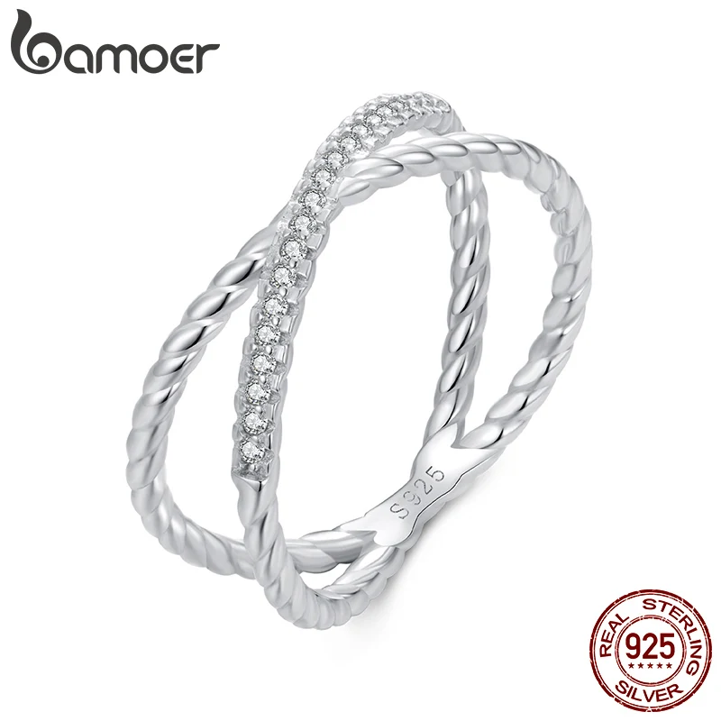 

BAMOER 14K Gold Plated X Ring Simulated Diamond CZ Criss Cross Ring for Women, 925 Sterling Silver Eternity Wedding Band Ring