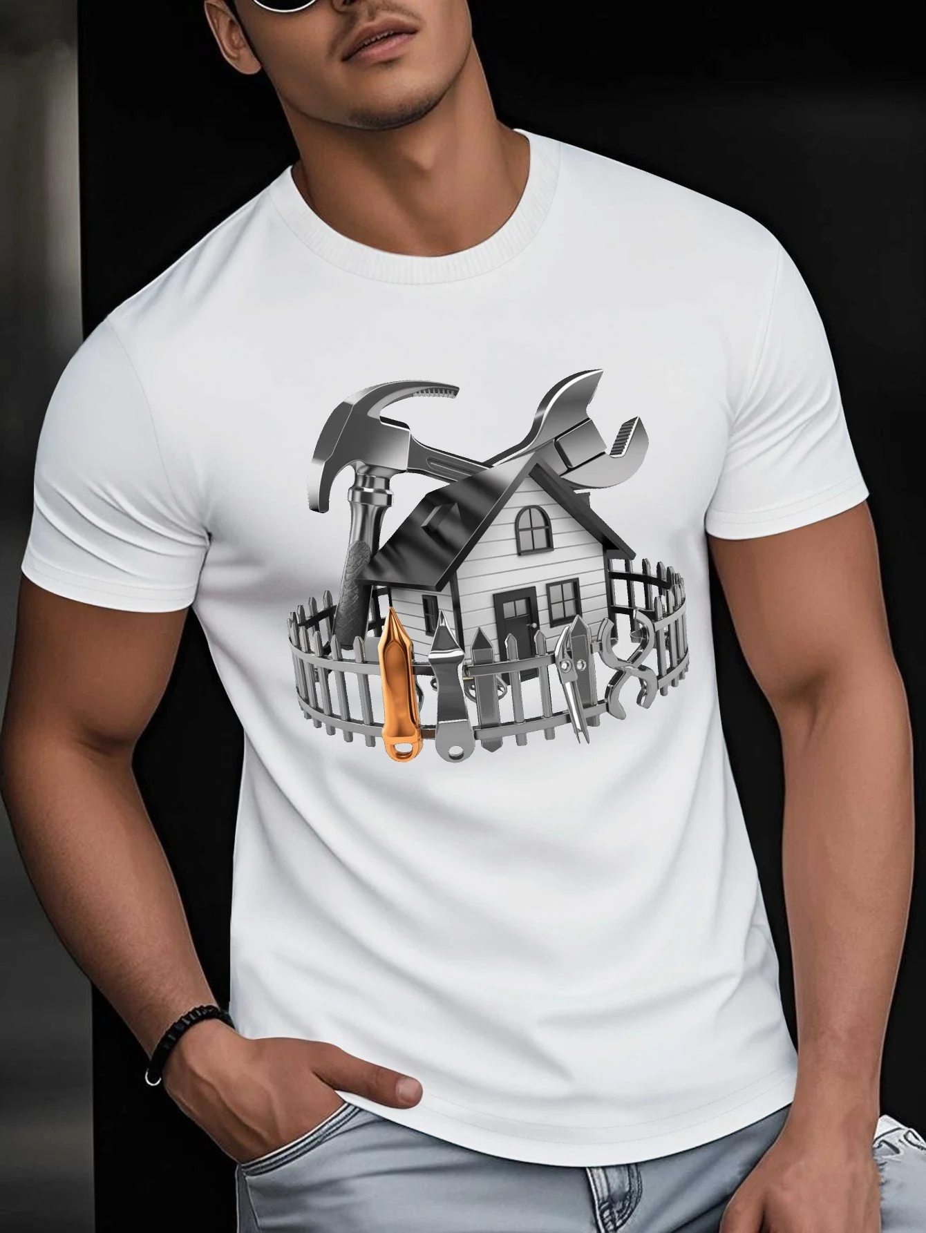 تي شيرت JMoo للرجال بنمط مصنوع يدويًا مصمم من قبل عمال البناء مع أداة مطبوعة لمشاريع DIY والملابس غير الرسمية