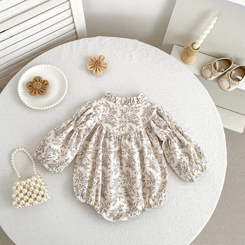 Baby-Mädchen Blumenmuster Bubble-Strampler mit Rüschenkragen, langen Puffärmeln, Baumwoll-Body für Neugeborene, Herbst-Einteiler-Outfit 0-24M – Detail 5