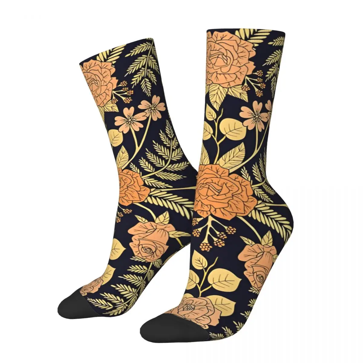 Vintage Elegant Peach And Navy Blue Floral Pattern Men's compression Socks Unisex Harajuku Pattern Printed Novelty Crew Sock