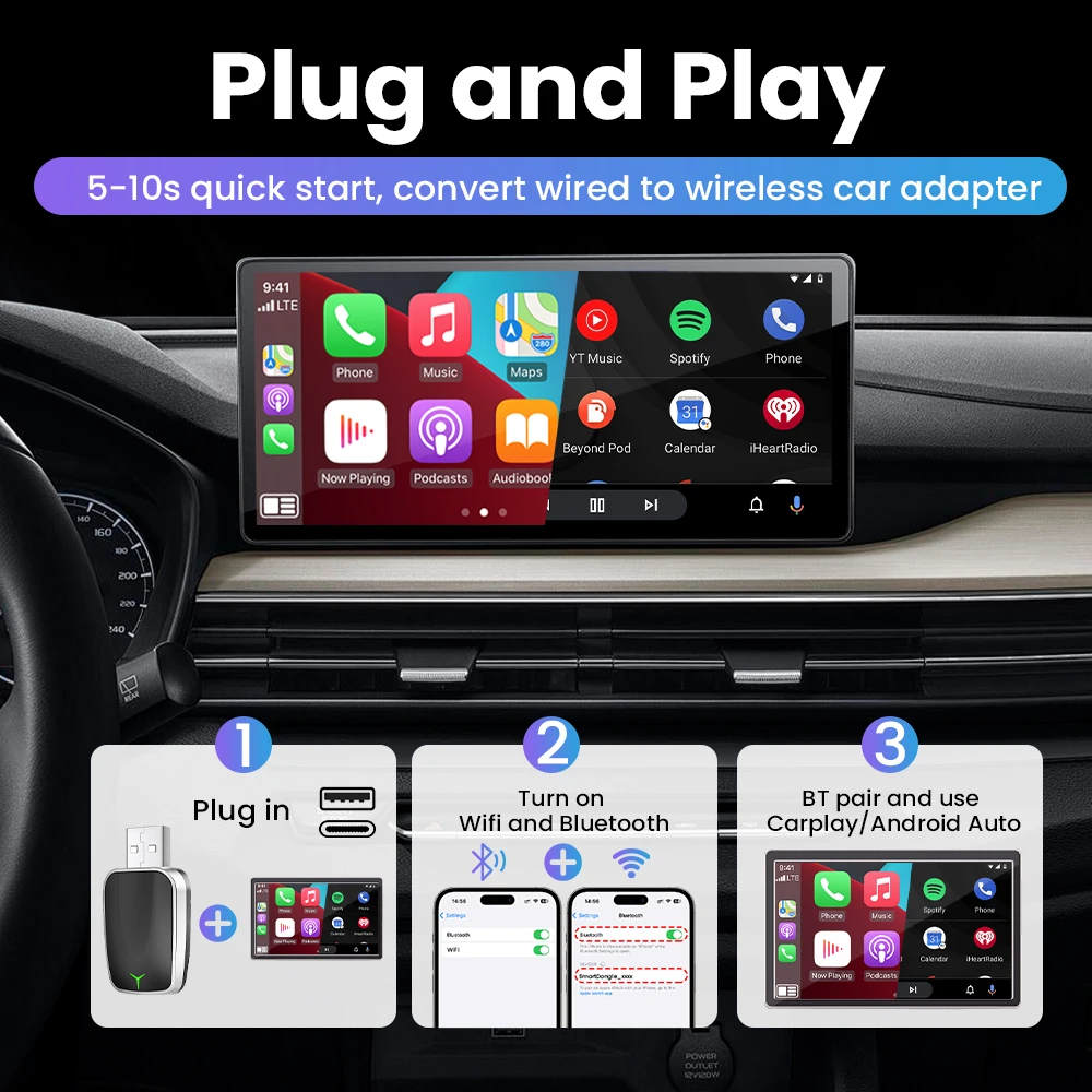 2in1 Wired to Wireless CarPlay Android Auto Adapter Plug and Play For 98% OEM Car CarPlay/Android Auto For Benz Volvo VW Toyota