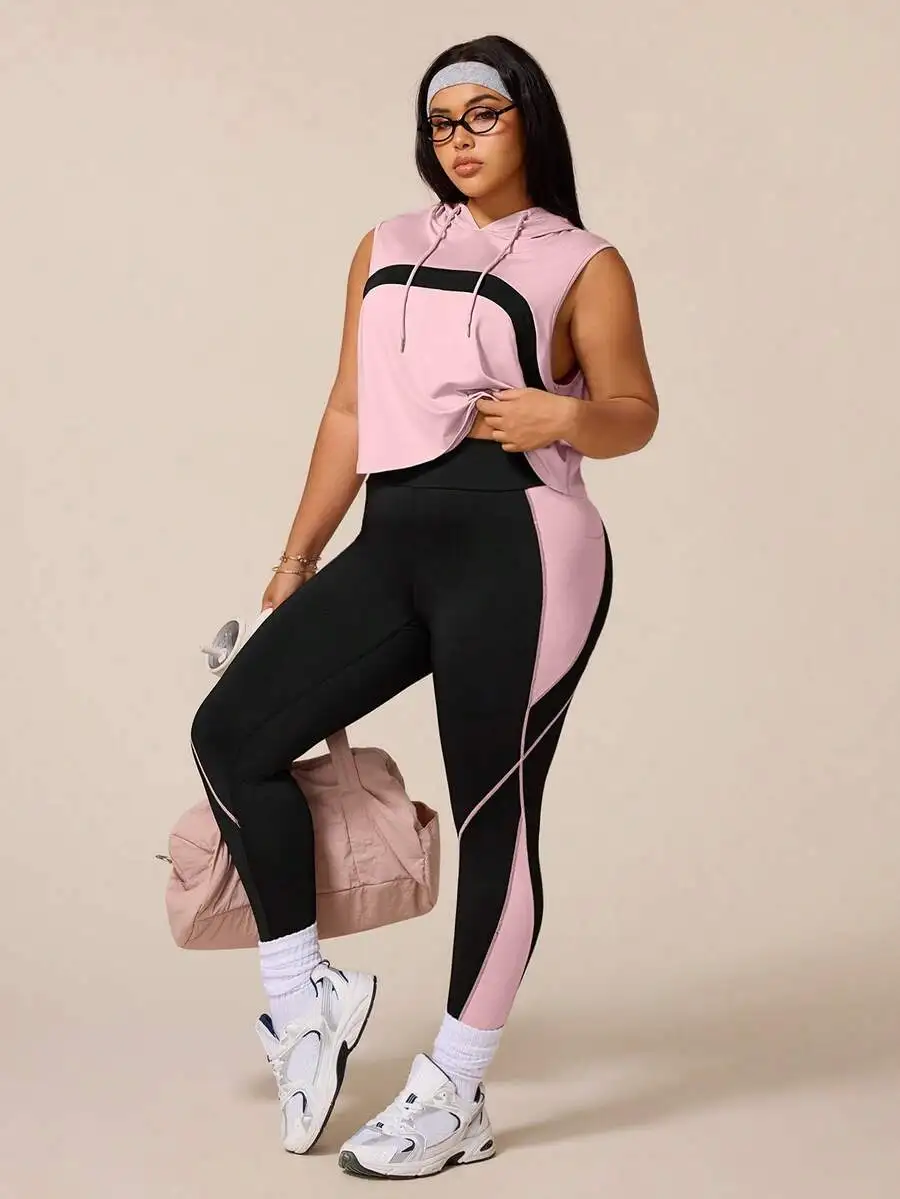 

Womens Sleeveless Hooded Workout Set With Contrast Color Design Leggings Yoga Gym Fitness Outfit