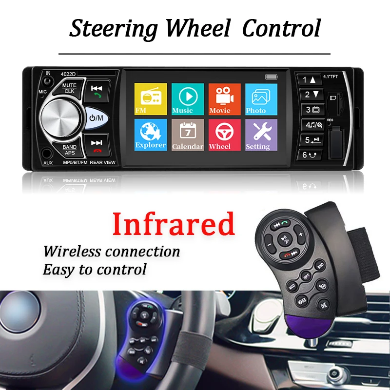  Hippcron 4,1-Zoll-Autoradio 1 Din Bluetooth Stereo-Audio mit FM-Unterstützung, Ladeanschluss, Rückfahrkamera, Lenkradfernbedienung, 12V Universal – Detail 4