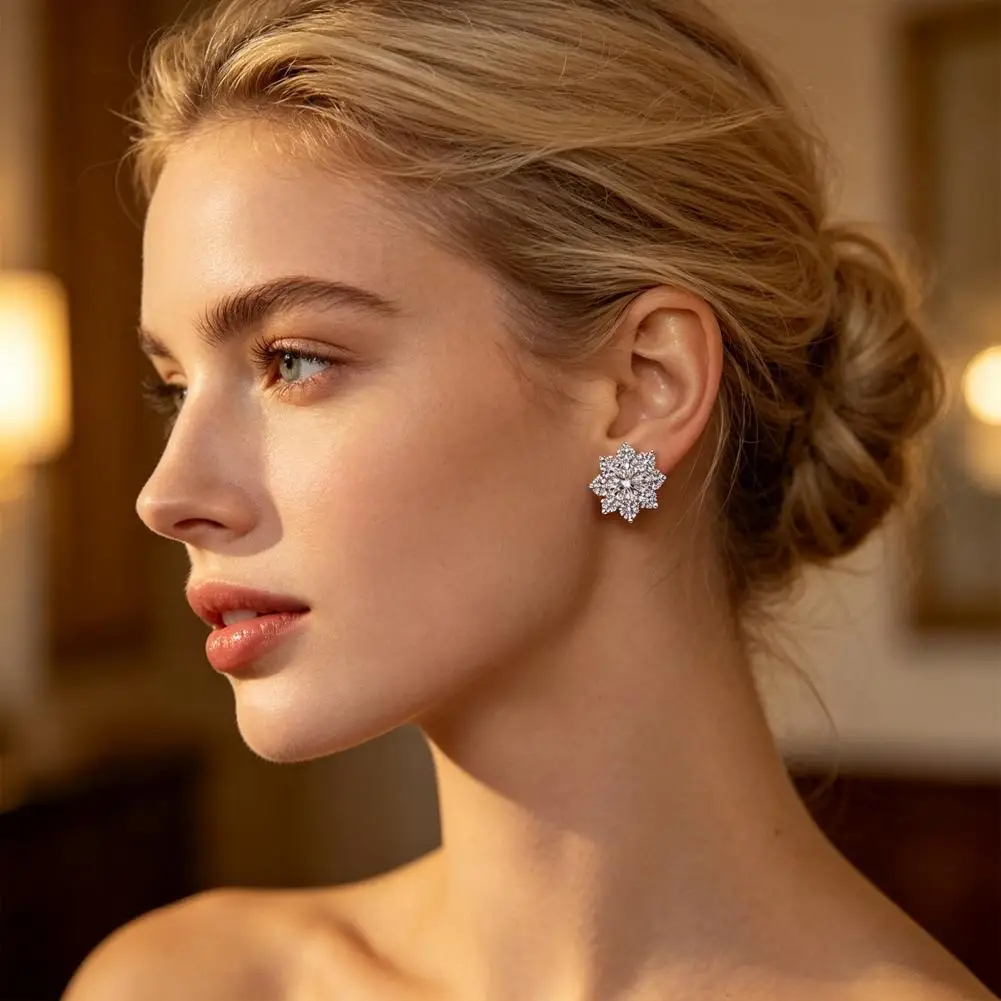 One Carat Stone Earrings Women Sunflower Earrings Cubic Zirconia Studs Flower Shape Jewelry Petal Design Accessories for Wear