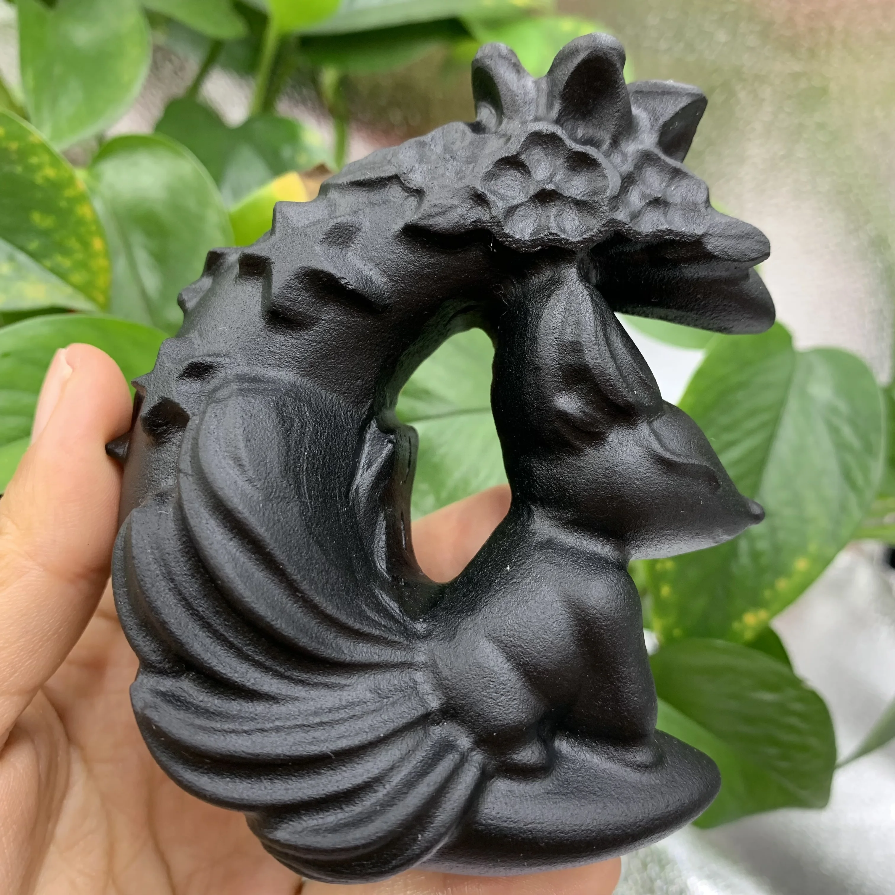 Natural Crystal Stone Carving Black Obsidian Nine Tailed Fox Statue