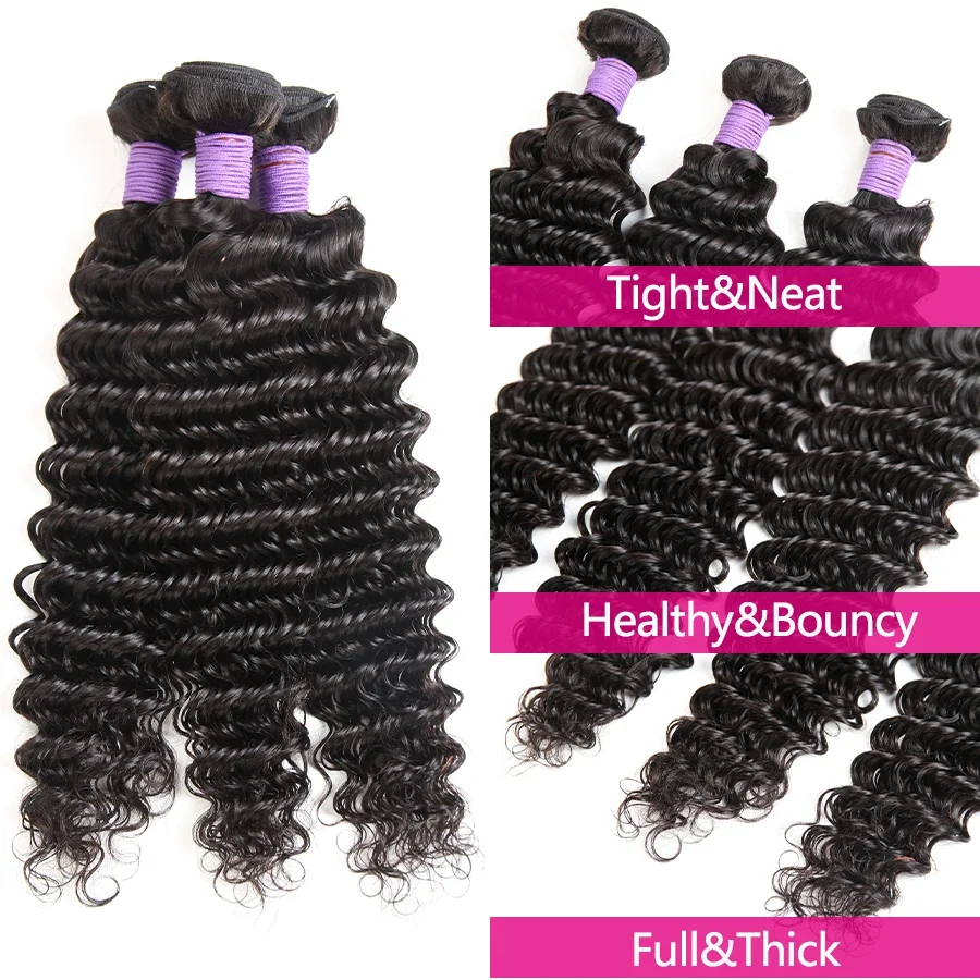 Tissage en Lot Deep Wave 100% Naturel, Extensions de Cheveux Bouclés, Brut, 28 30 32 Pouces, 3 4 Paquets Richesse