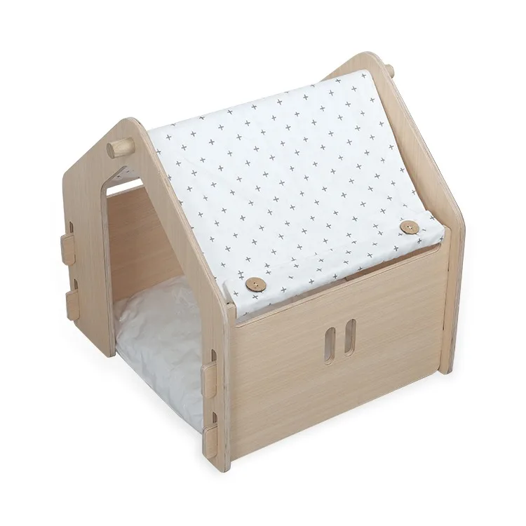 

Manufacturer Wholesale Luxury Indoor Detachable Cat House Bed Custom Creative Wooden Foldable Pet Villa with Print Pattern