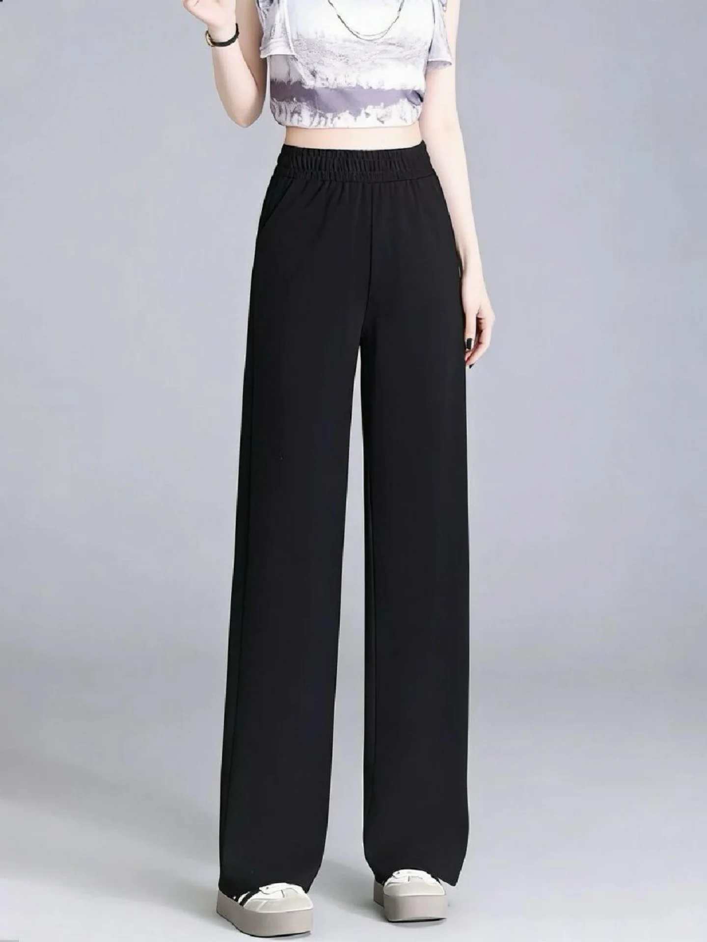 Black Elastic Waist Wide Leg Pants Women's Summer Thin High Waist Loose Slimming Drape Casual Pants Narrow Version Straight Leg
