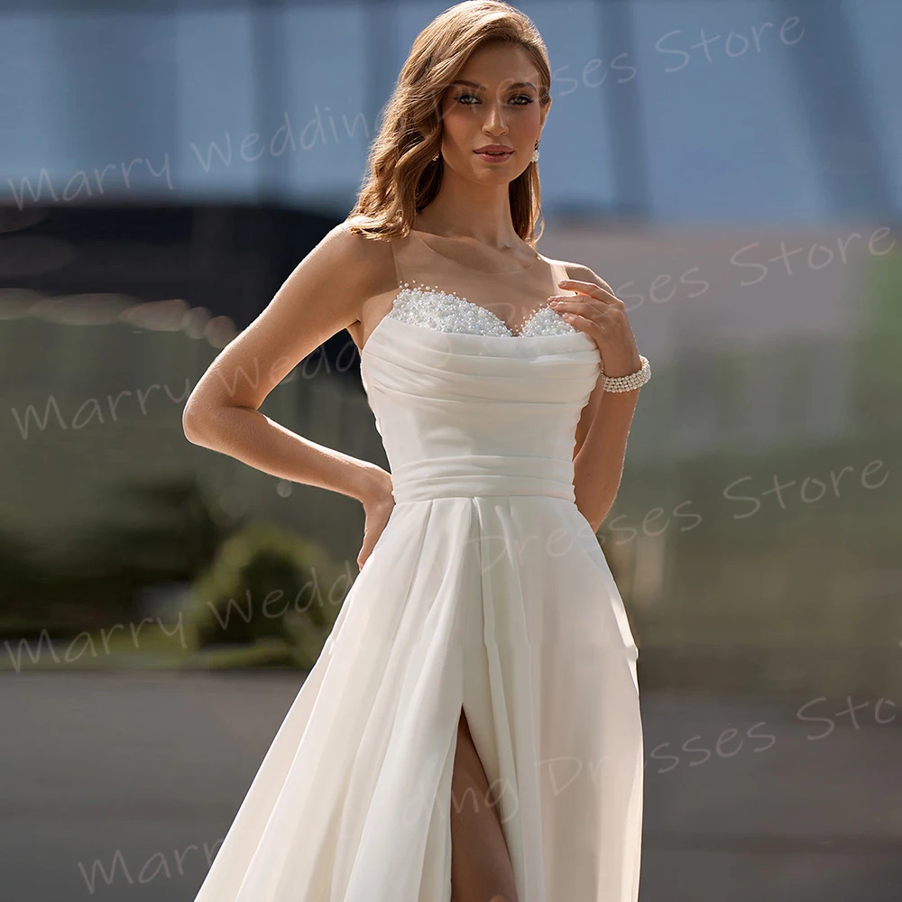 Graceful A Line Women's Wedding Dresses Charming Strapless Sleeveless Beaded Bride Gowns Beautiful Side Split Vestidos De Novia