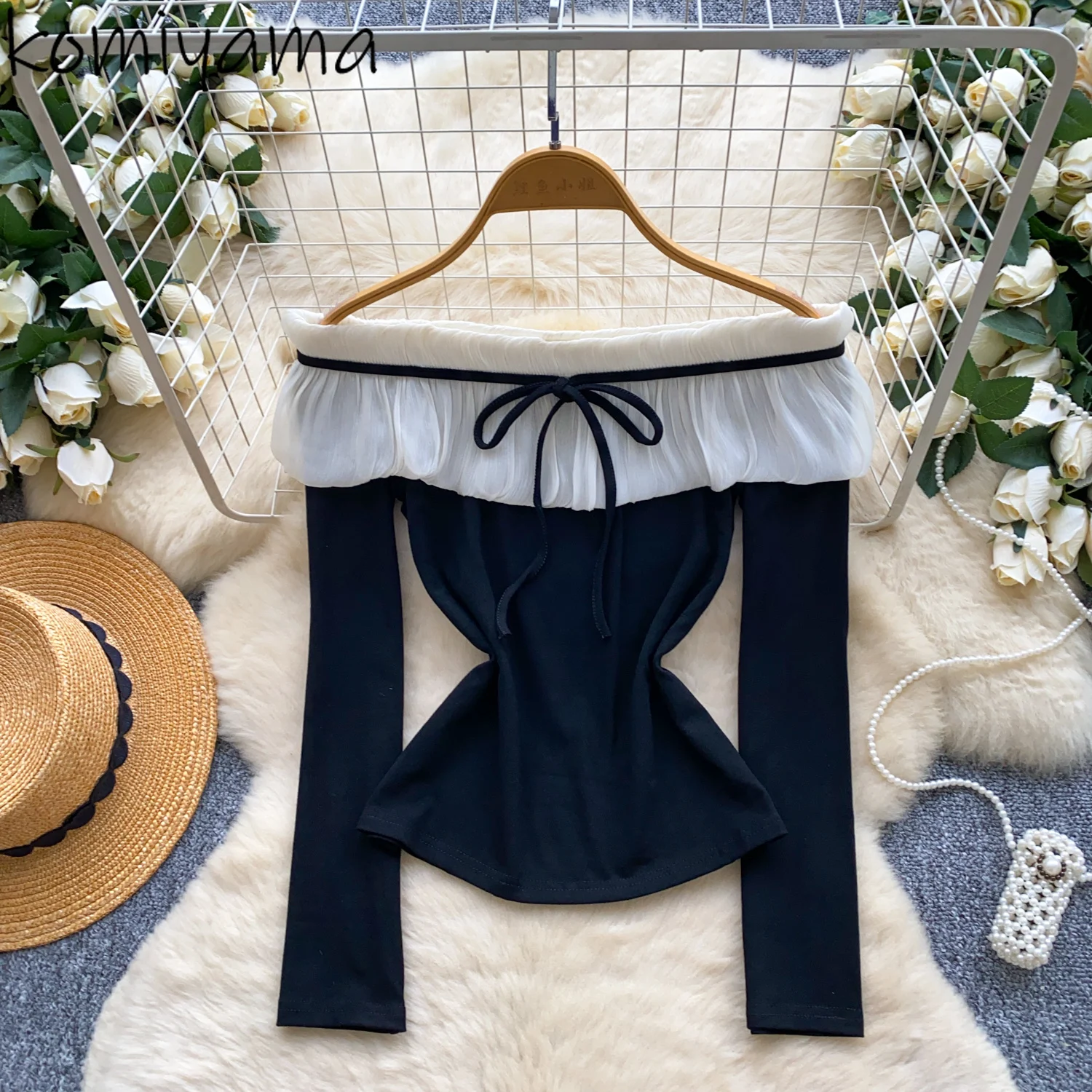 

Contrast Slash Neck Ropa Mujer Ruffles Tops Pure Desire Style Roupas Feminina Autumn 2025 Woman Clothes Lace-up Camisetas