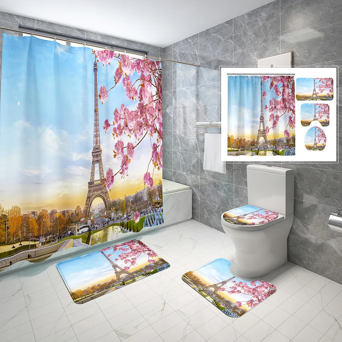 Creativity European Cityscape Shower Curtain Set Paris Eiffel Tower 4 Pcs Shower Curtain Bathroom Non-Slip Bath Mat Toilet Cover