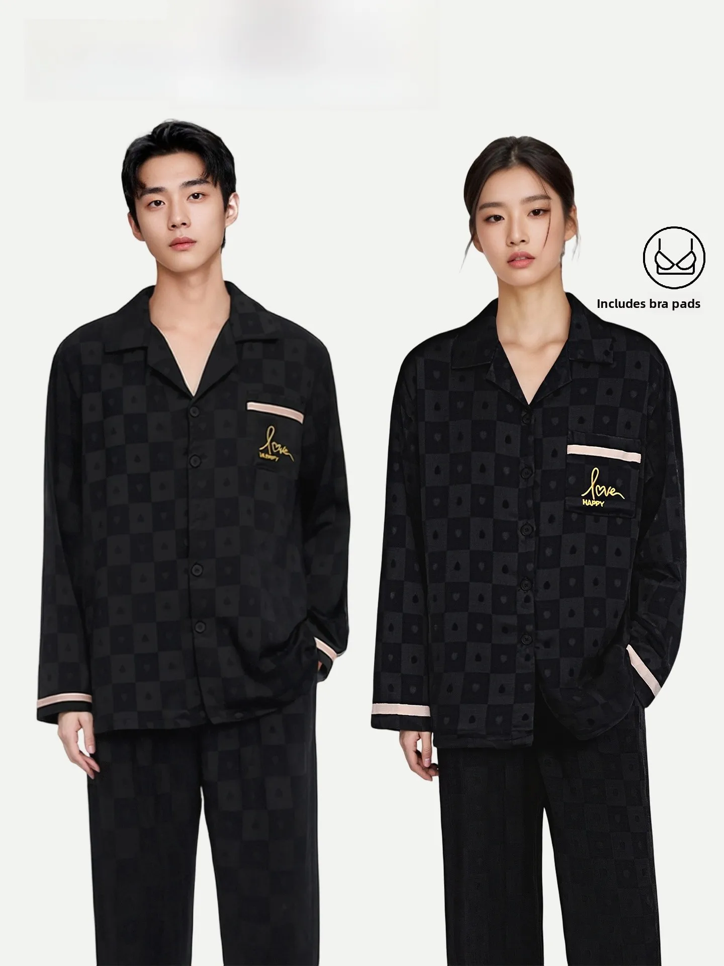 PinkBread Couples Sleepwear Long Sleeve Silk Home Clothes with Chest Pad Checkered Pattern Suitable for Outdoor in Spring And...