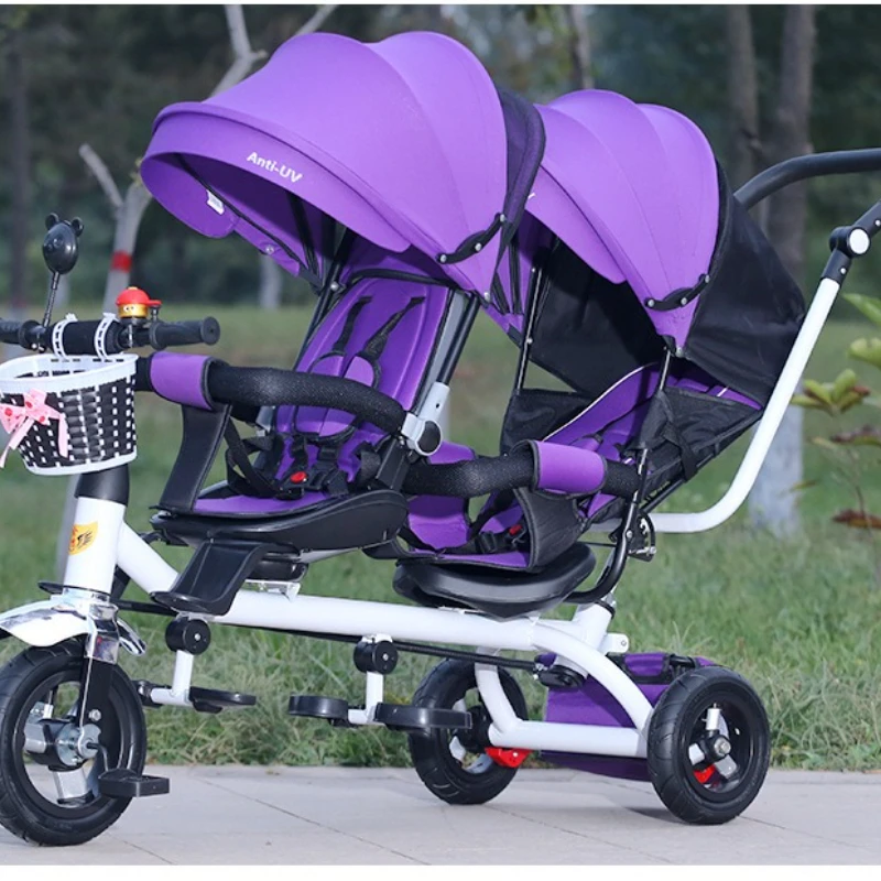 

Kids Tricycle with Dual Seats, Foldable Twin Stroller with Pedal Design, 5-Point Harness, Safety Guardrail Easy Folding Frame