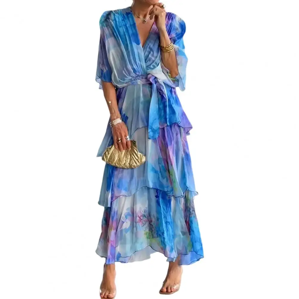 V-neck Bat Sleeve Dress Dreamy Colors Ruffle Lace-up Maxi Dress Multi-layered Pleated V Neck with Scattered Cake Hem for Beach