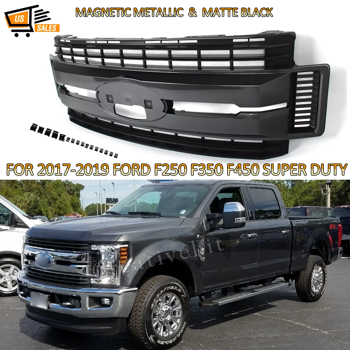 Magnetic Metallic Grill Fits For Ford F Series F250 F350 F450 Racing Grill Upper Bumper Hood Mesh Grid 2017-2019 SAIQINGSP