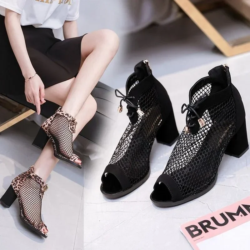 2025 New Fashion Ladies Sandals European and American Fashion Mesh Hollow High Heel Booties Thick Heel Leopard Print Fish Mouth