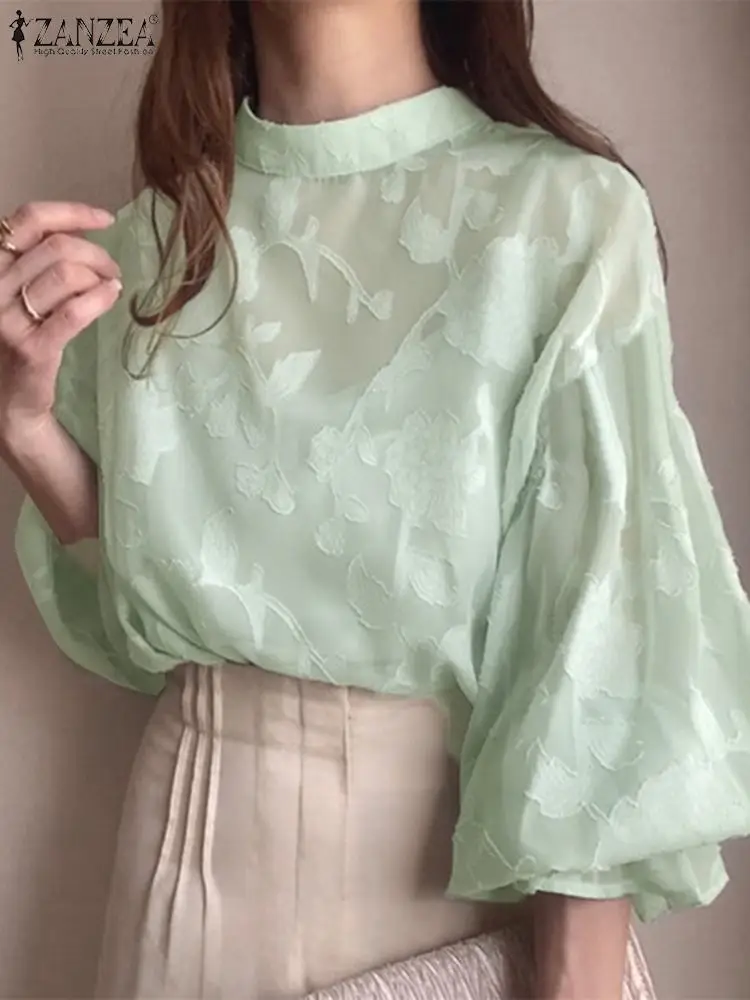 ZANZEA Elegant Ruffle Patchwork Tunic Women Mesh Party Blouse 2024 Autumn Vintage Long Lantern Sleeve Tops Fashion Holiday Shirt