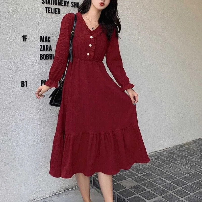 Women Autumn Vintage Fashion Pleated Solid Color V-neck Long Sleeve Midi Dress Ladies Casual All-match Appear Thin A-line Skirt