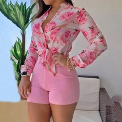 Conjunto de dos piezas de camisa de manga larga con cuello en V para mujer, traje de pantalones cortos, moda de verano, Sexy, ropa delgada, un cinturón, blusa femenina elegante, Oficina