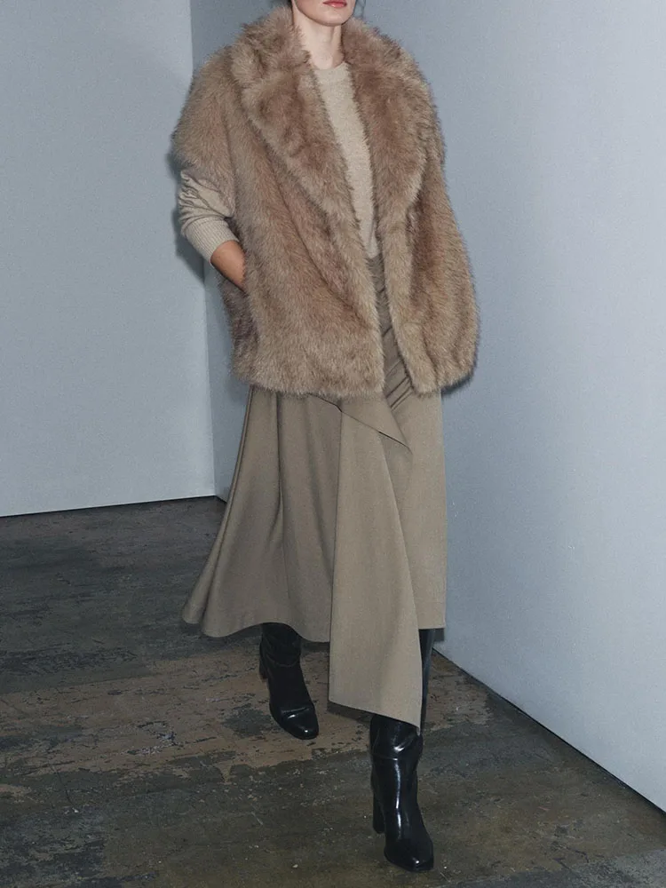 Ciepła kamizelka ze sztucznego futra damska, modny kołnierz z klapami, nowość na jesień, dopasowany krój, odzież wierzchnia damska, elegancka.