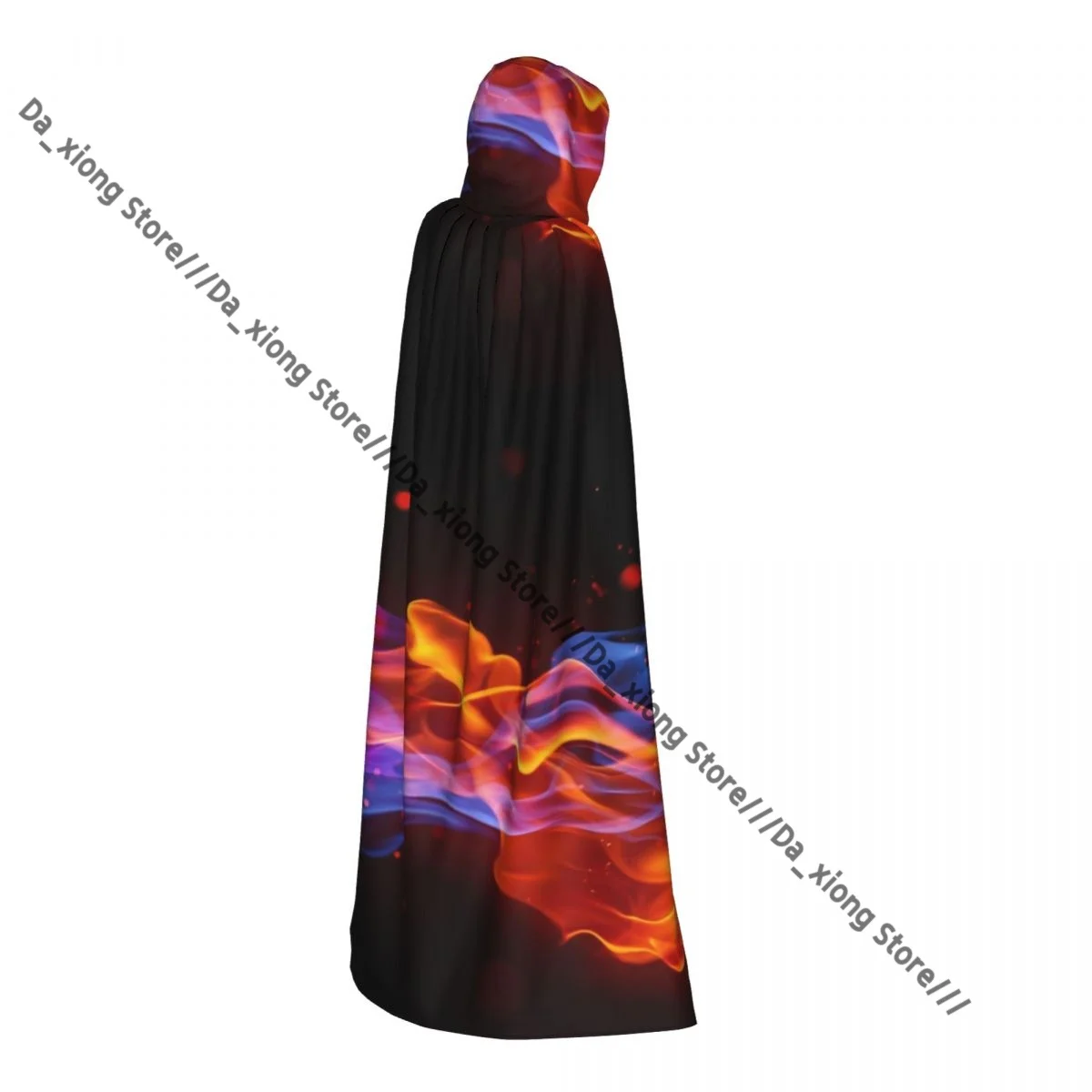 Blue And Red Fire Print Witch Cloak Hooded Cosplay Costume Halloween Adult Long Party Cape