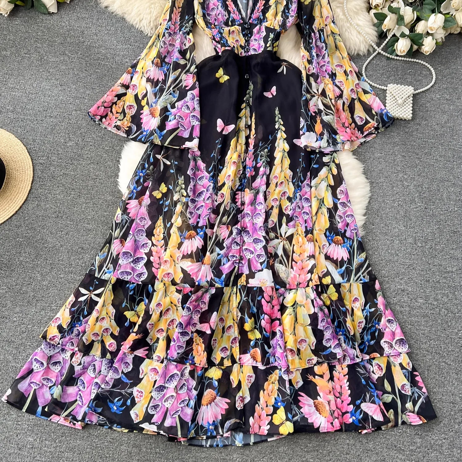 Zomervakantie Prachtige Bloem Chiffon Ruches Cake Jurk Dames V-Hals Flare Mouw Bloemenprint Boho Robe Lange Vestido 6230