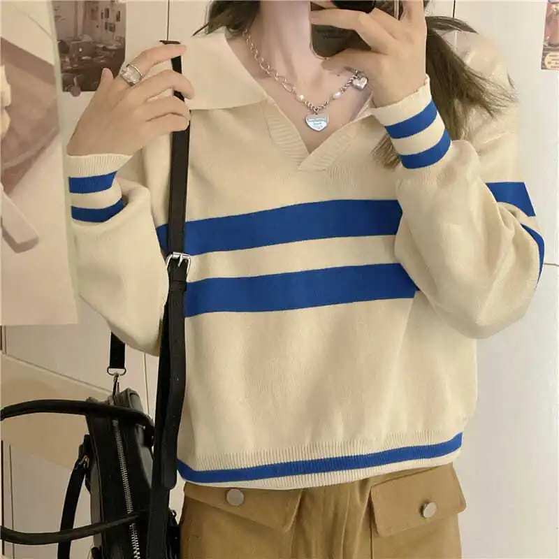 

Matta Korean Fashion Polo Preppy Style Striped Women's Sweater Collar Loose Long Sleeve Top Y2k Clothes Sweater Autumn Winter