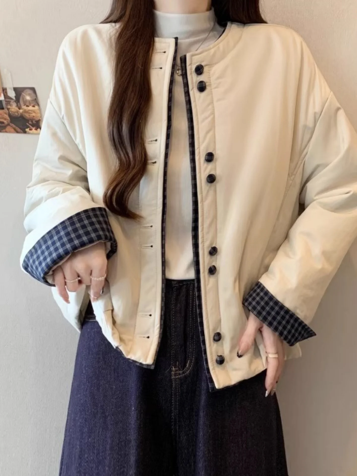 

Korean Plaid Splicing Thiened Lightweight Cotton Jaet Women's Autumn Winter plus Size Warm ort Small Thin Cotton Clothes