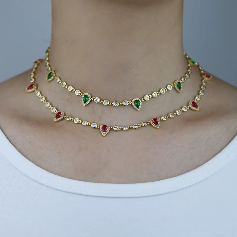 

Water Drop CZ Charm Chokers Necklaces Iced Out 5A Zirconia Red/Green/Blue/White Stone Tennis Chain Necklace Fashion Jewelry Gift