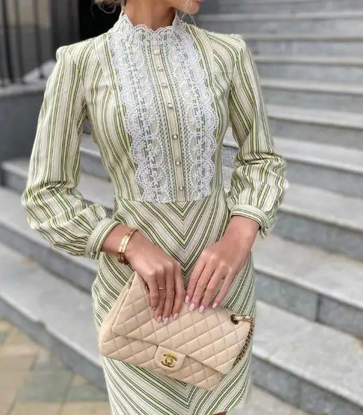 

French Vintage Luxury Evening Dress 2025 Summer Stand Neck Collar Long Sleeve Striped Lace Patch High Waisted Mini Dress