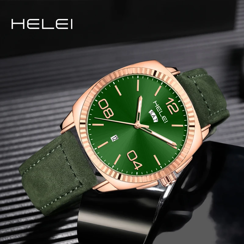 HELEI Fashion new sports casual quartz watch date genuine leather strap men's wristwatch