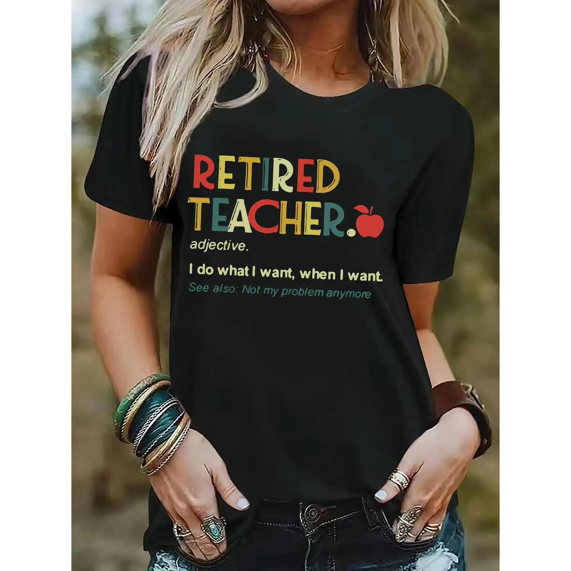 

Women'S Casual T-Shirt with Retired Teacher Print - Crew Neck, Short Sleeve, Breathable & Soft, Non-Sheer, Geometric Design
