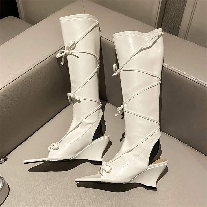 Eilyken Design Butterfly-knot Knee-High Women Boots Sandal Sexy Pointed Peep Toe Wedges Heels Hollow Out Long Shoes